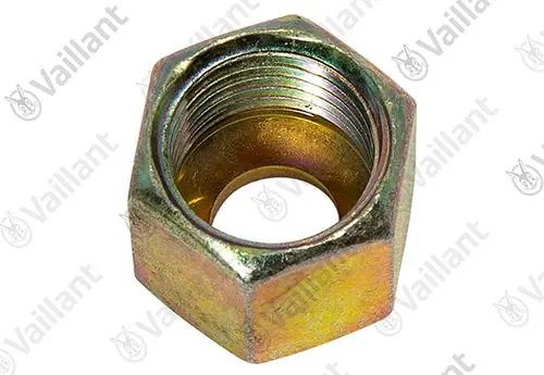 Vaillant Überwurfmutter aus metallischem Material, mit Gewinde innen und sechsseitigem Kopf zum Anziehen, auf neutralem Hintergrund.